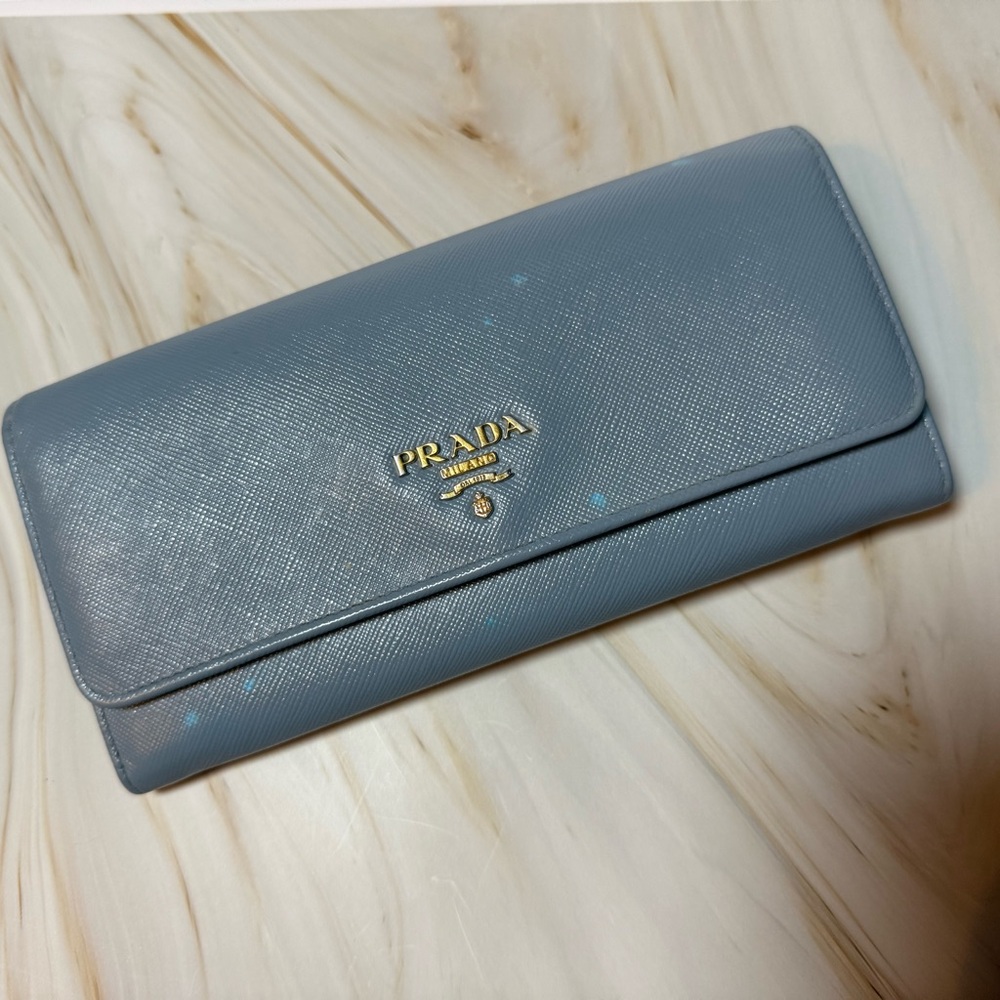 Prada Light Blue Textured Wallet with Gold Accents